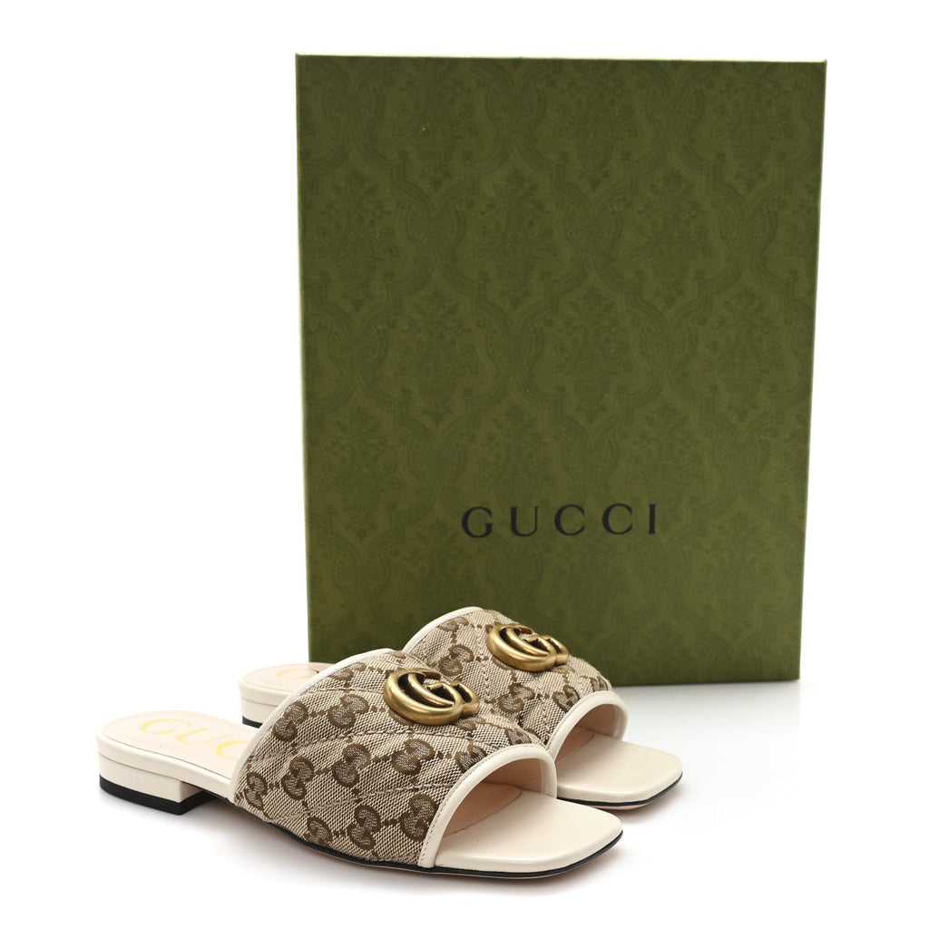 Gucci Monogram Matelasse Diagonal GG Marmont Flat Slide Sandals  35 Beige Ebony Mystic White