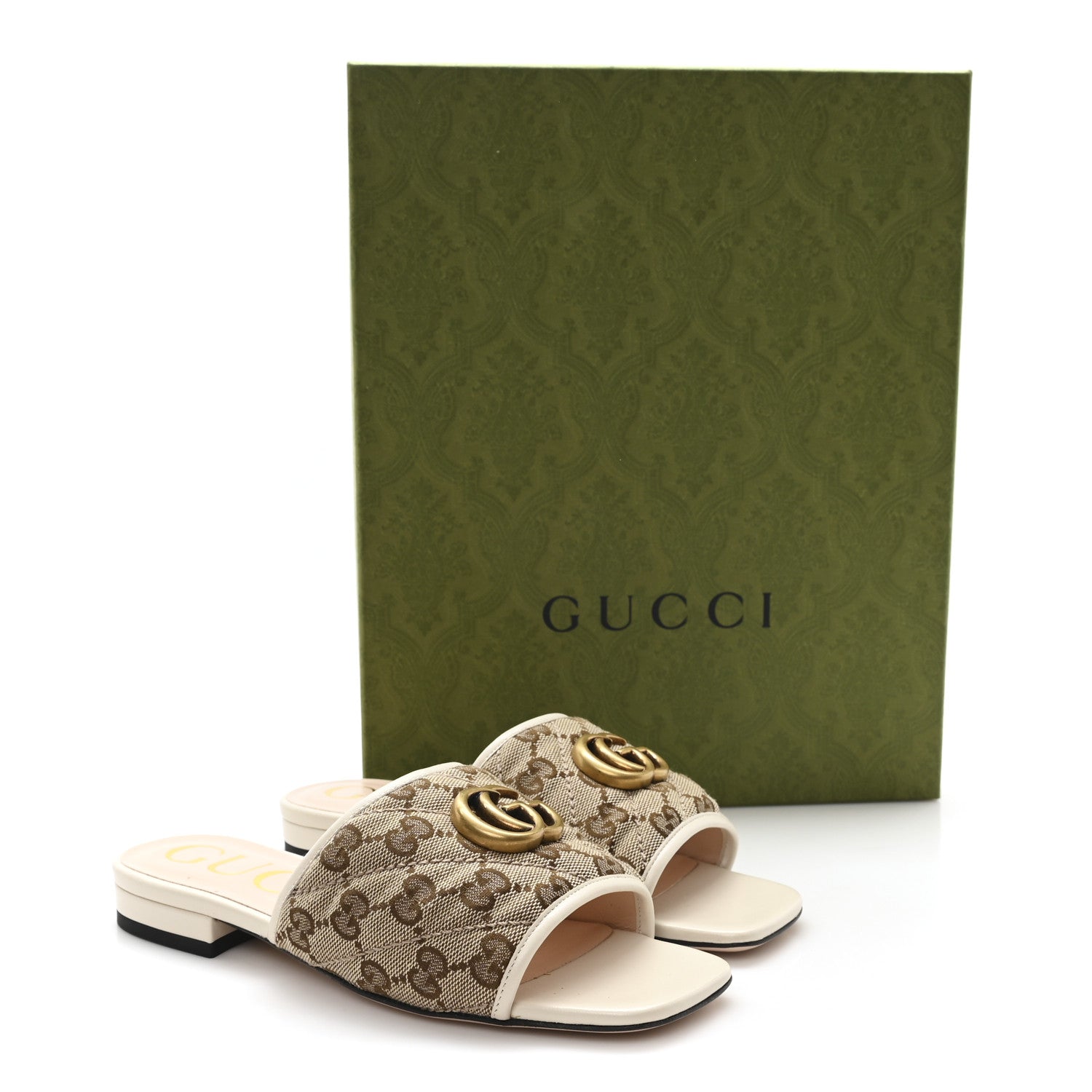 Gucci Monogram Matelasse Diagonal GG Marmont Flat Slide Sandals  35 Beige Ebony Mystic White