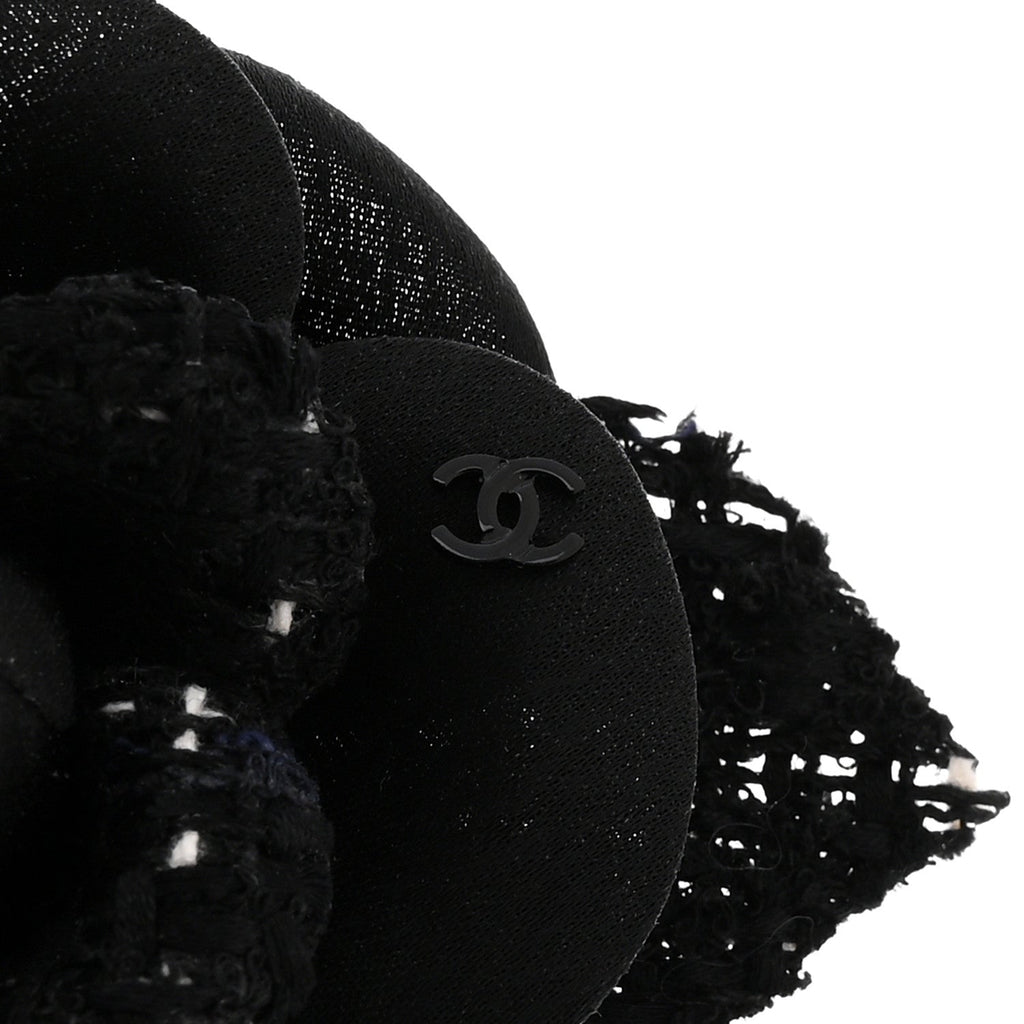 Chanel Tweed Fabric Camellia Pin Brooch Black