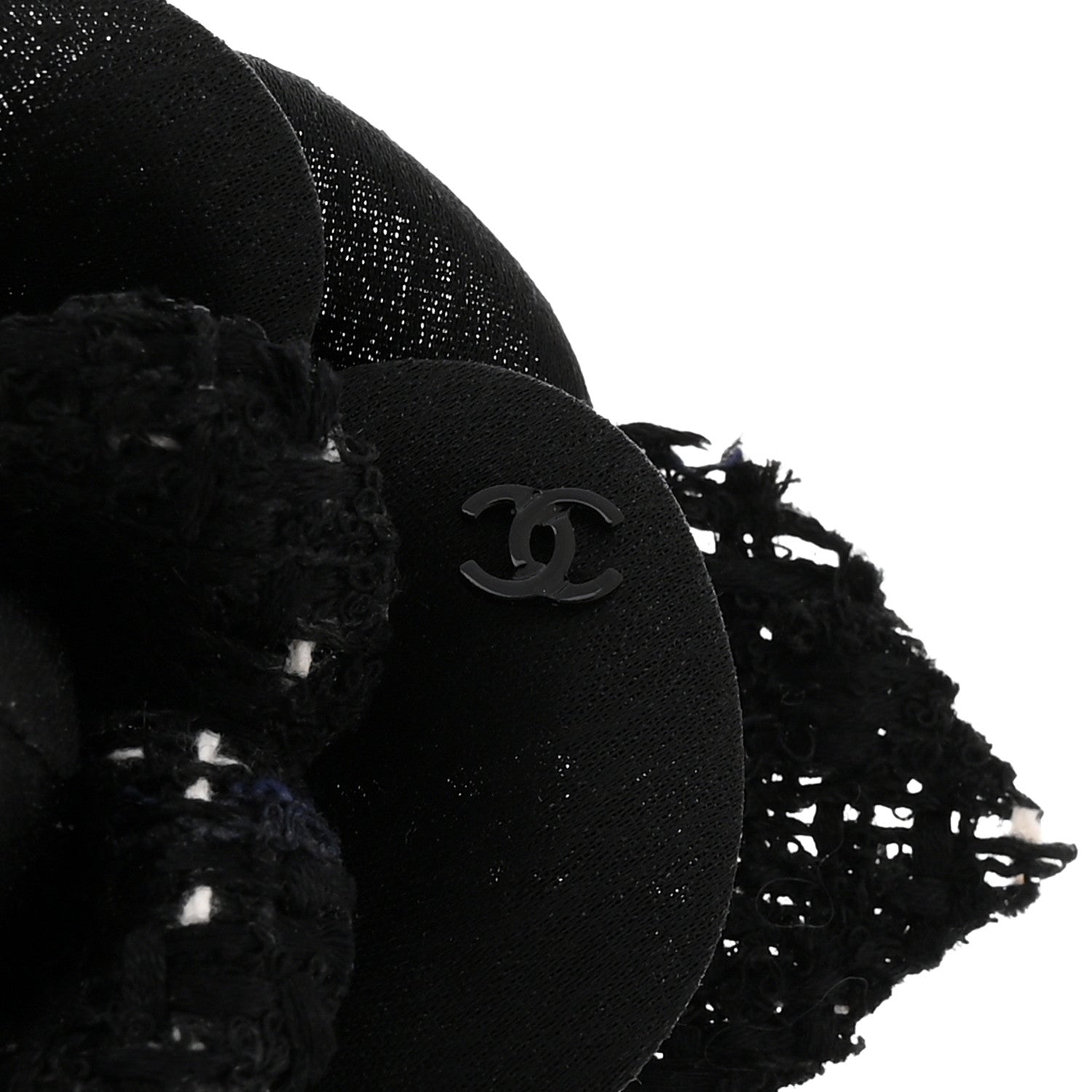 Chanel Tweed Fabric Camellia Pin Brooch Black