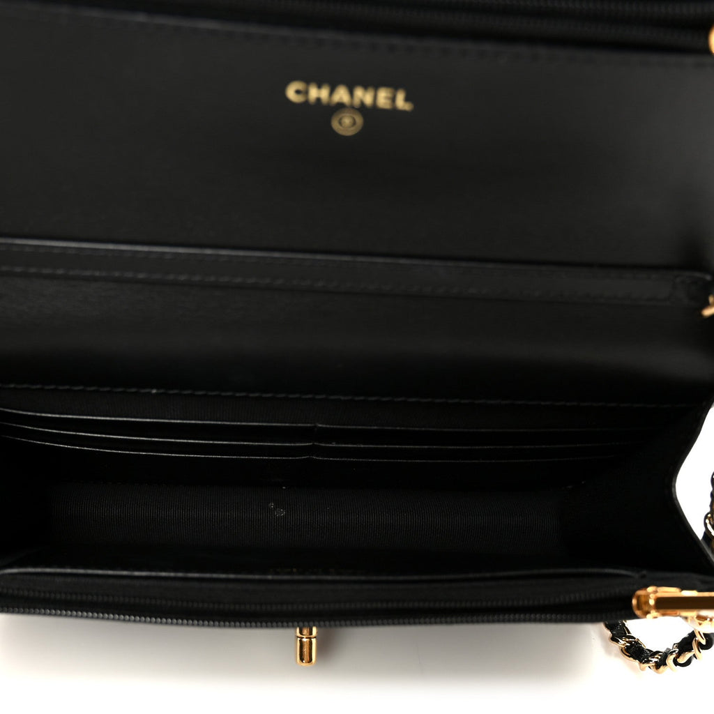Chanel Shiny Lambskin Quilted CC Pearl Wallet on Chain WOC Black