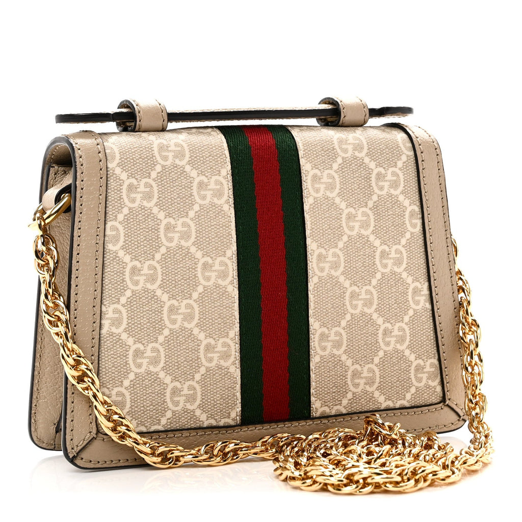 Gucci GG Supreme Monogram Textured Dollar Calfskin Web Mini Ophidia Padlock Top Handle Chain Shoulder Bag Beige Mystic White Oatmeal