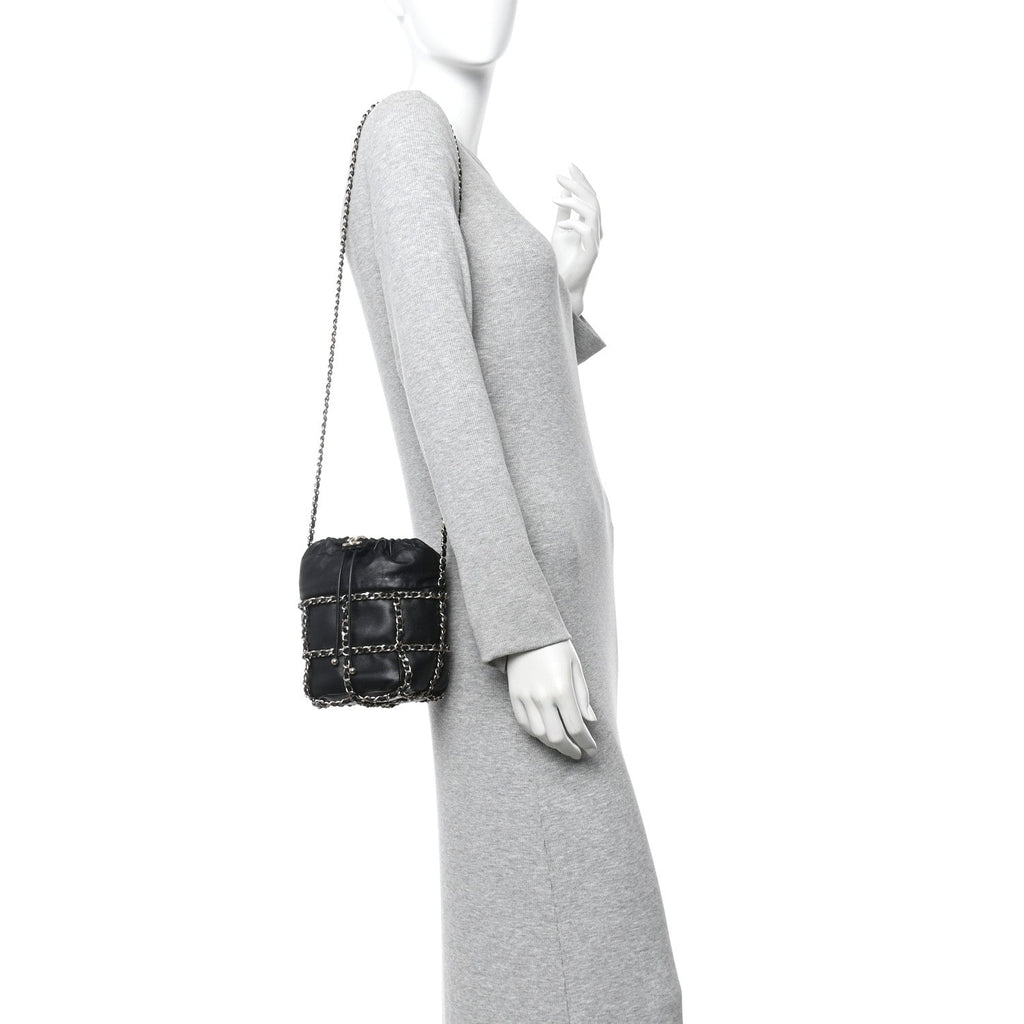 Chanel Lambskin Bucket Chain Drawstring Bag Black