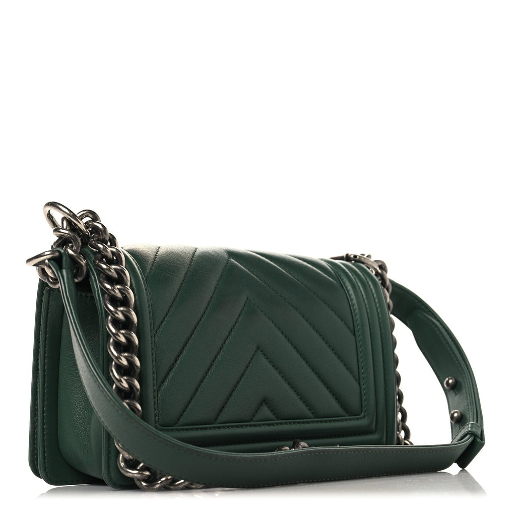 Chanel Calfskin Chevron Quilted Small Boy Flap Green