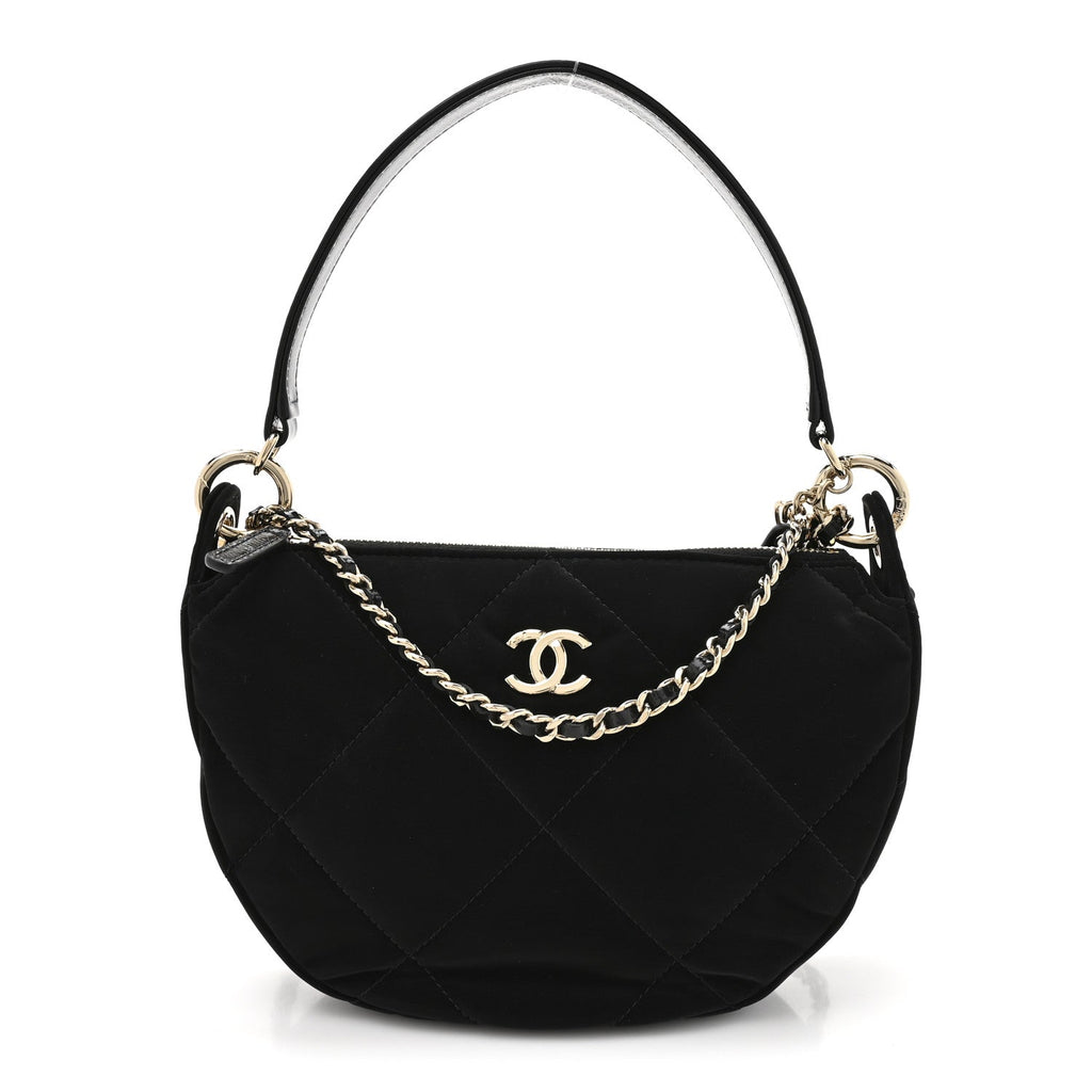 Chanel Velvet Effect Nylon Shiny Crumpled Calfskin Coco Neige Quilted Clutch With Chain Black