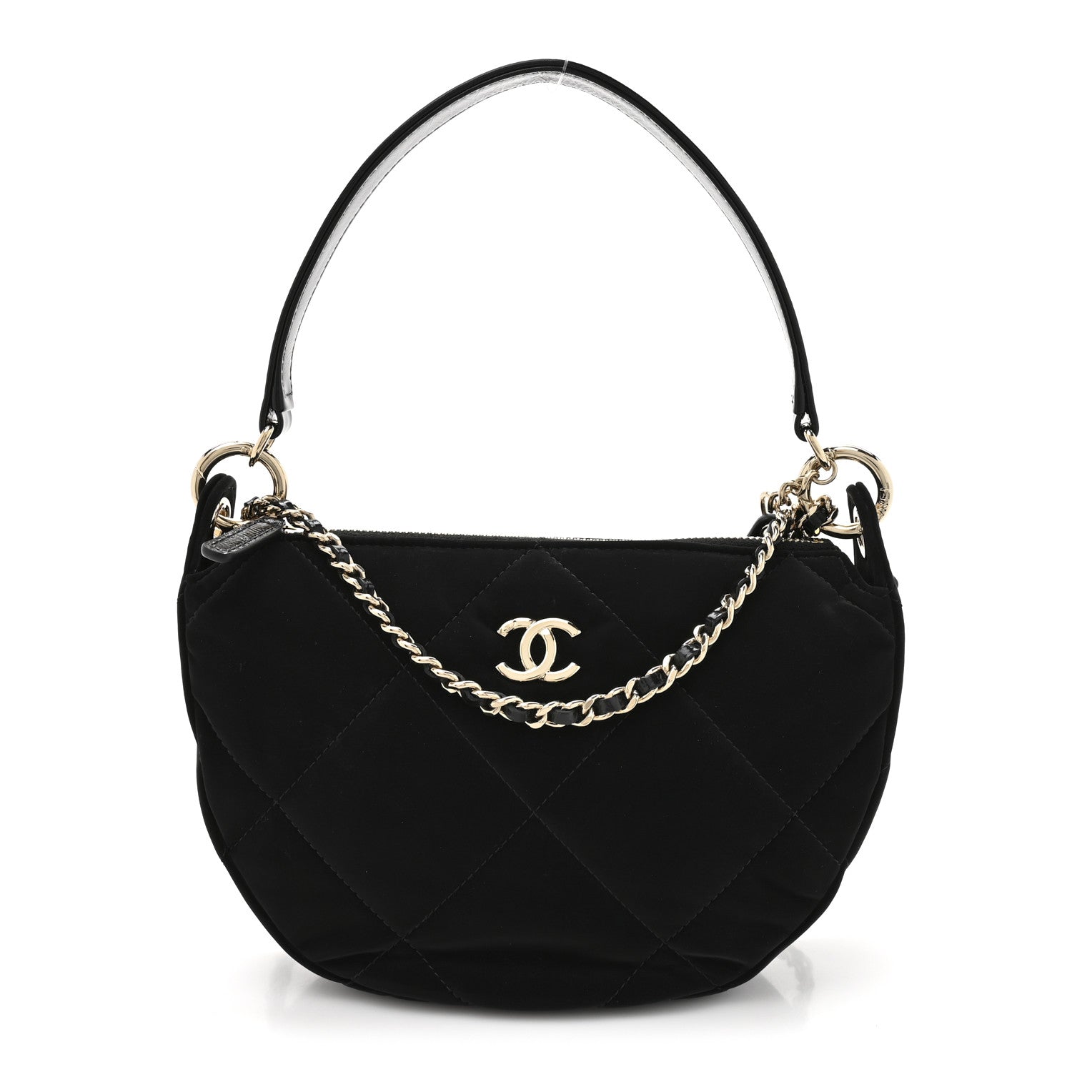 Chanel Velvet Effect Nylon Shiny Crumpled Calfskin Coco Neige Quilted Clutch With Chain Black