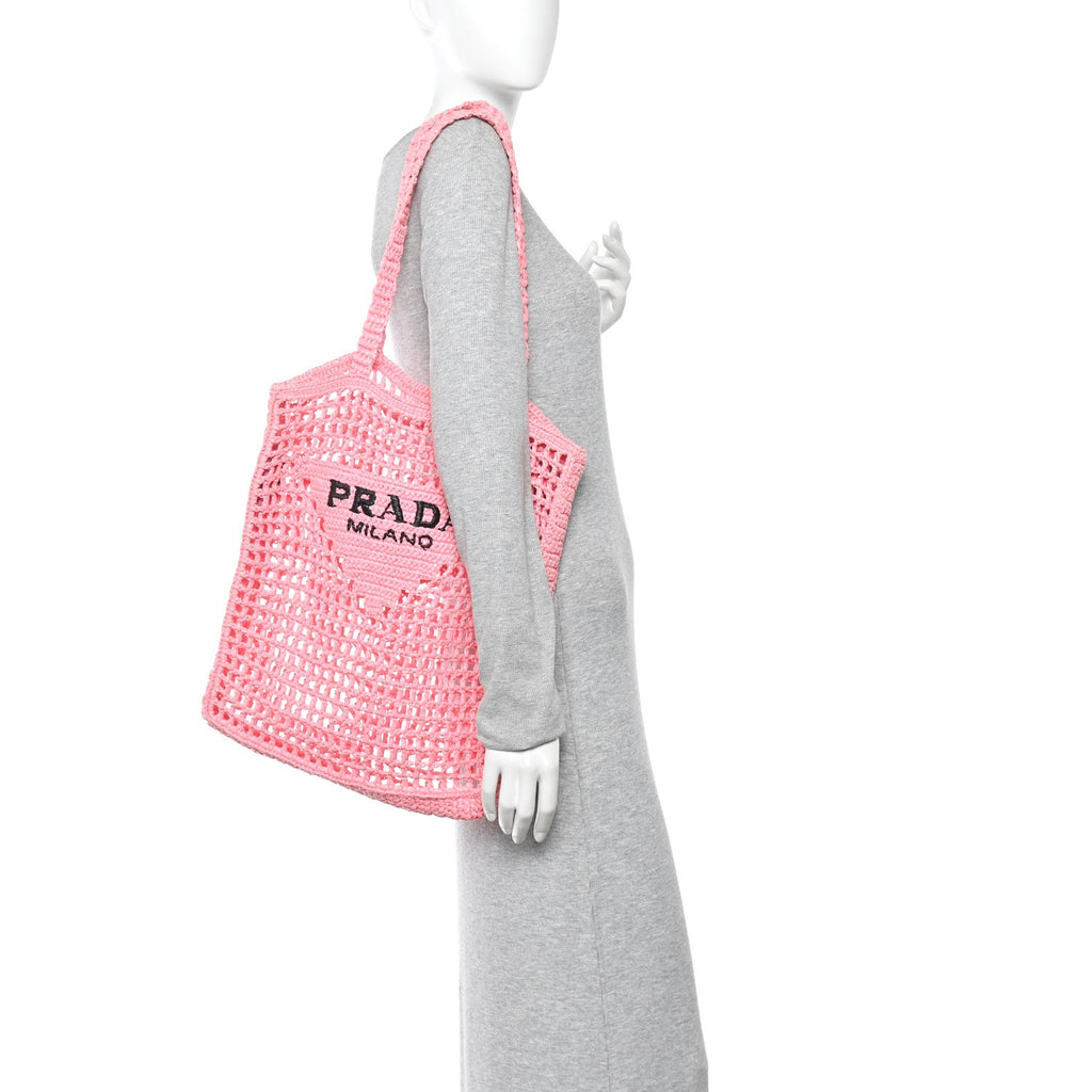 Prada Yarn Raffia Effect Crochet Logo Embroidered Tote Bag Petalo