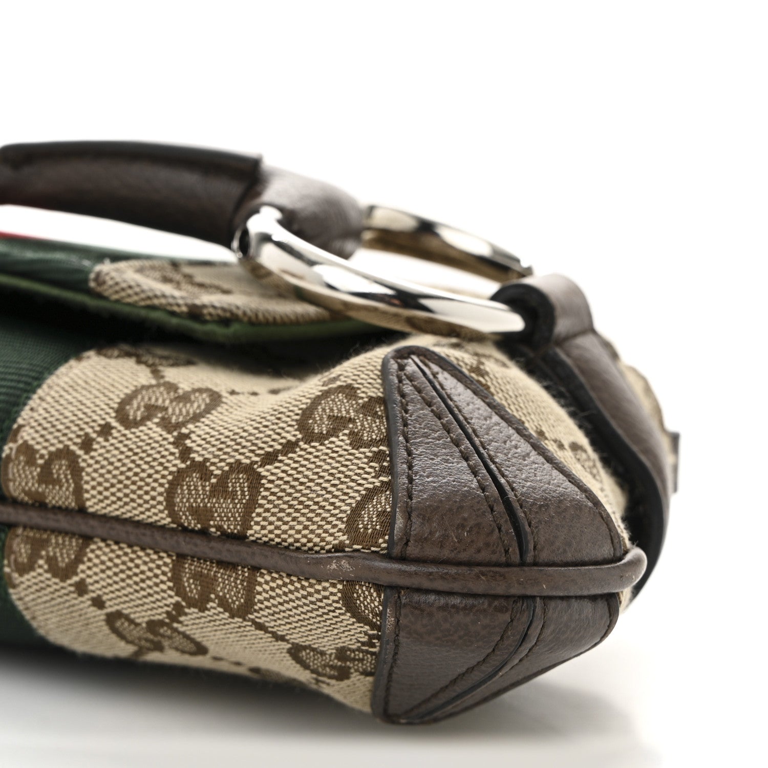 Gucci Monogram Textured Dollar Calfskin Heavy Grosgrain Web Medium Maxi Horsebit Chain Shoulder Bag Beige Ebony New Acero
