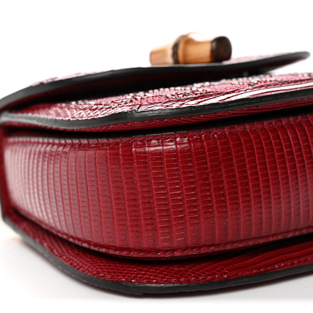 Gucci Moire Fabric Calfskin Rhinestone Monogram Monochrome Lizard Embossed Mini Bamboo 1947 Top Handle Chain Bag Red