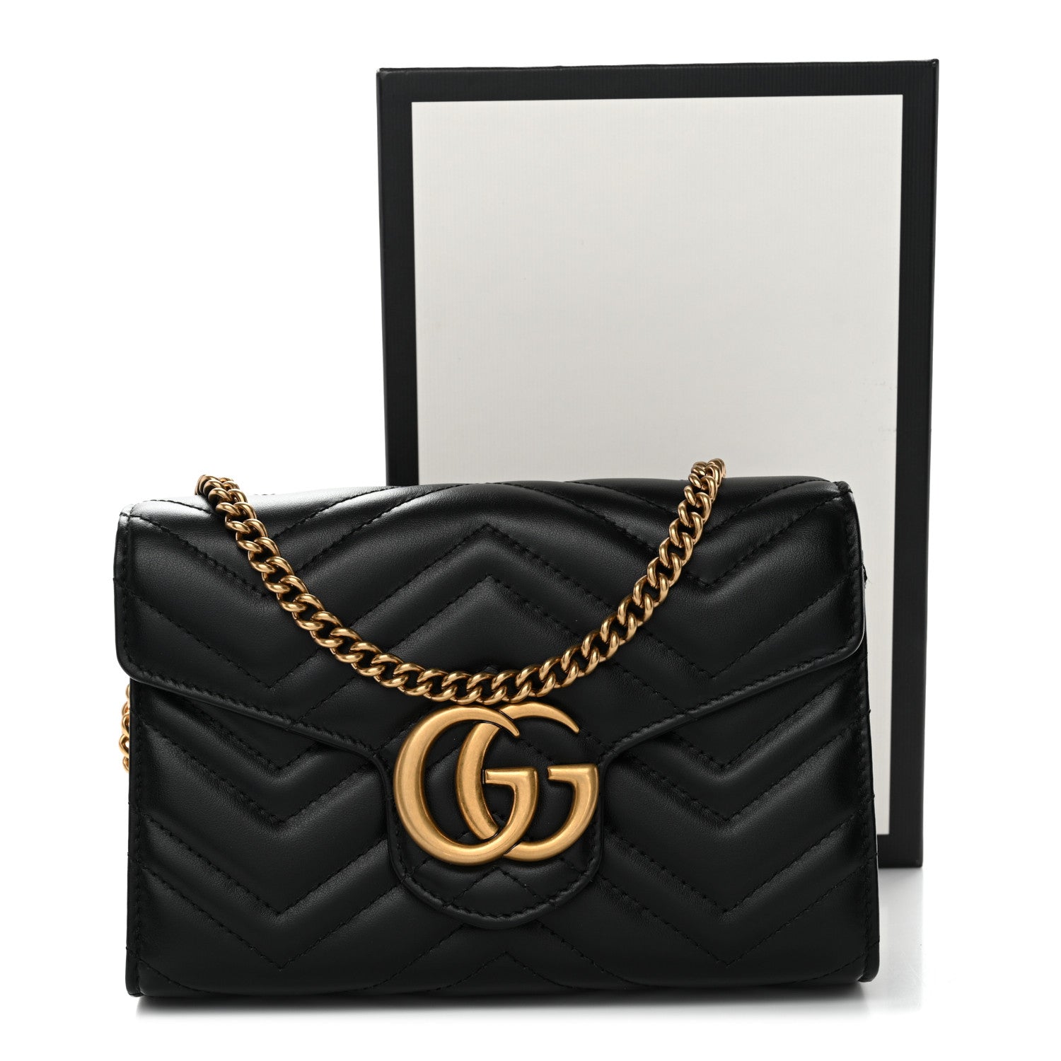 Gucci Calfskin Matelasse GG Marmont Chain Wallet Black