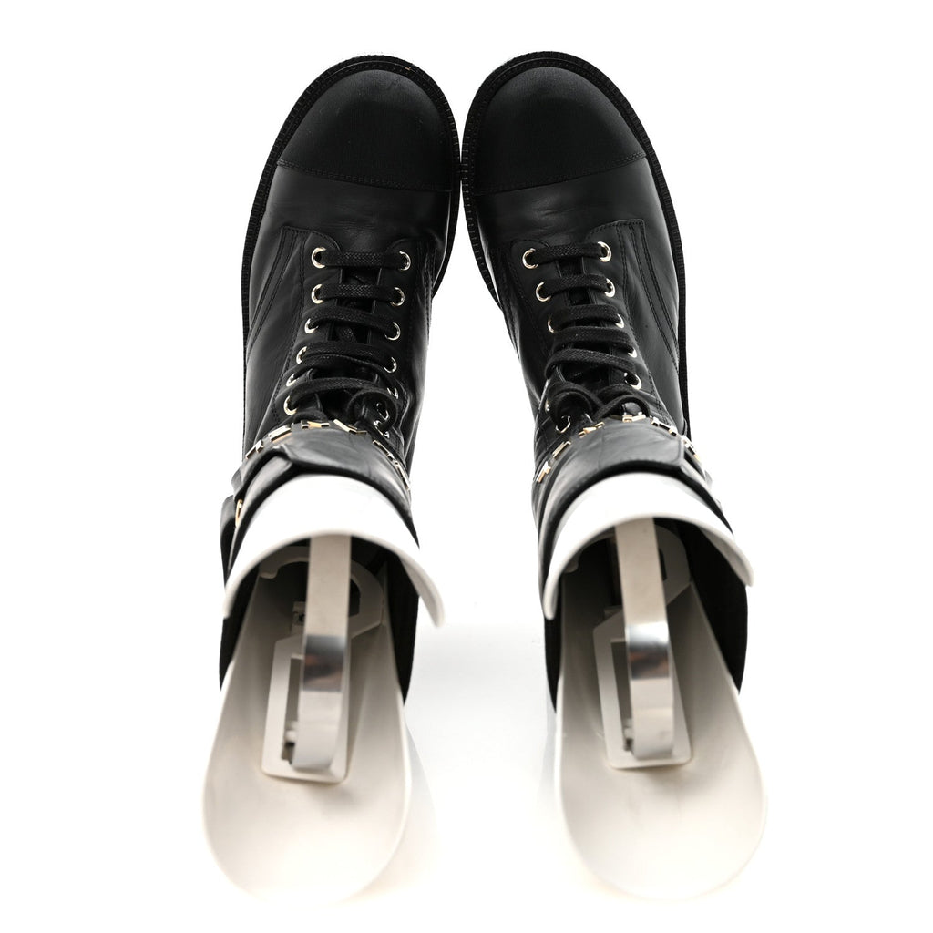Chanel Shiny Calfskin Lace Up Combat Boots 37 Black