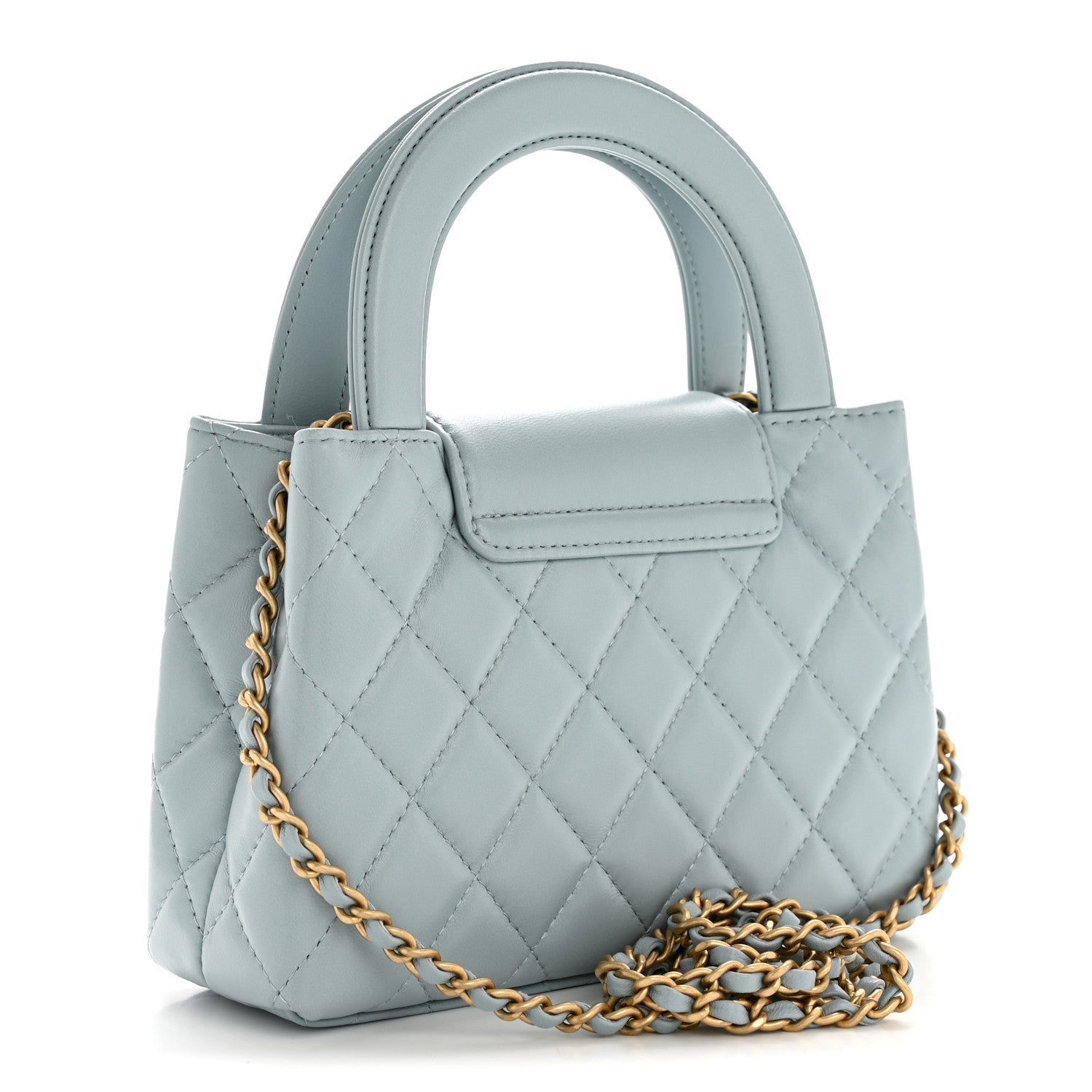 Chanel Shiny Aged Calfskin Quilted Nano Kelly Shopper Light Blue