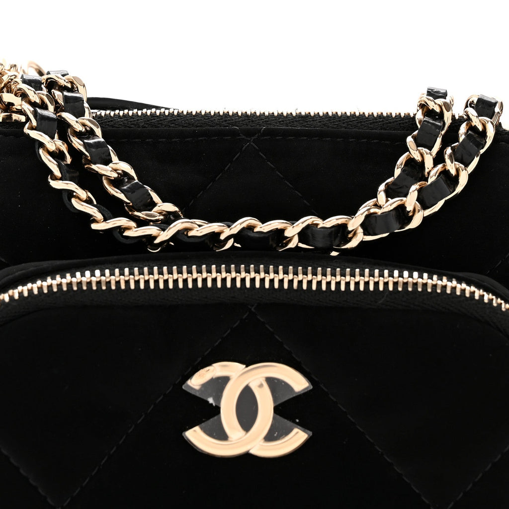 Chanel Velvet Effect Nylon Shiny Crumpled Calfskin Mini Quilted Chanel 25 Clutch With Chain Black