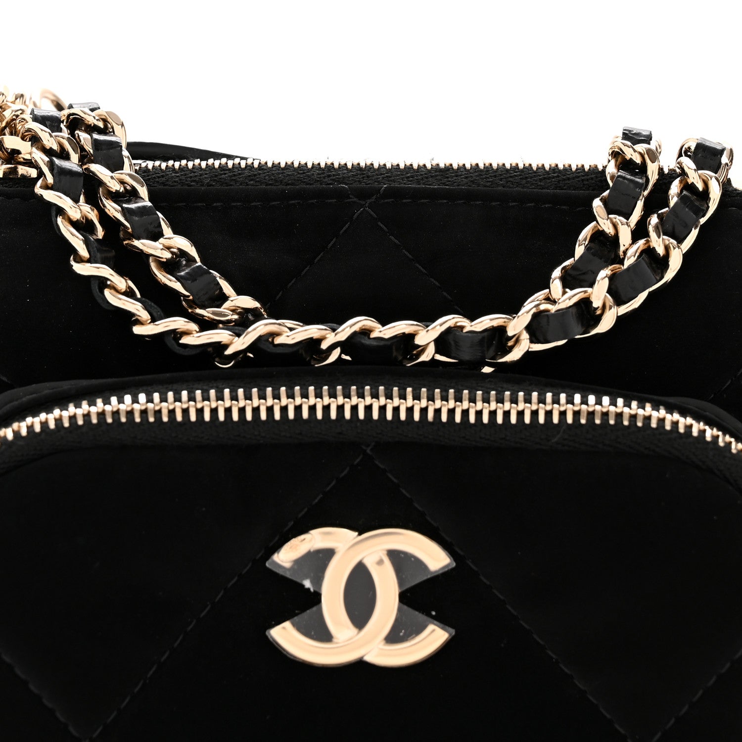 Chanel Velvet Effect Nylon Shiny Crumpled Calfskin Mini Quilted Chanel 25 Clutch With Chain Black