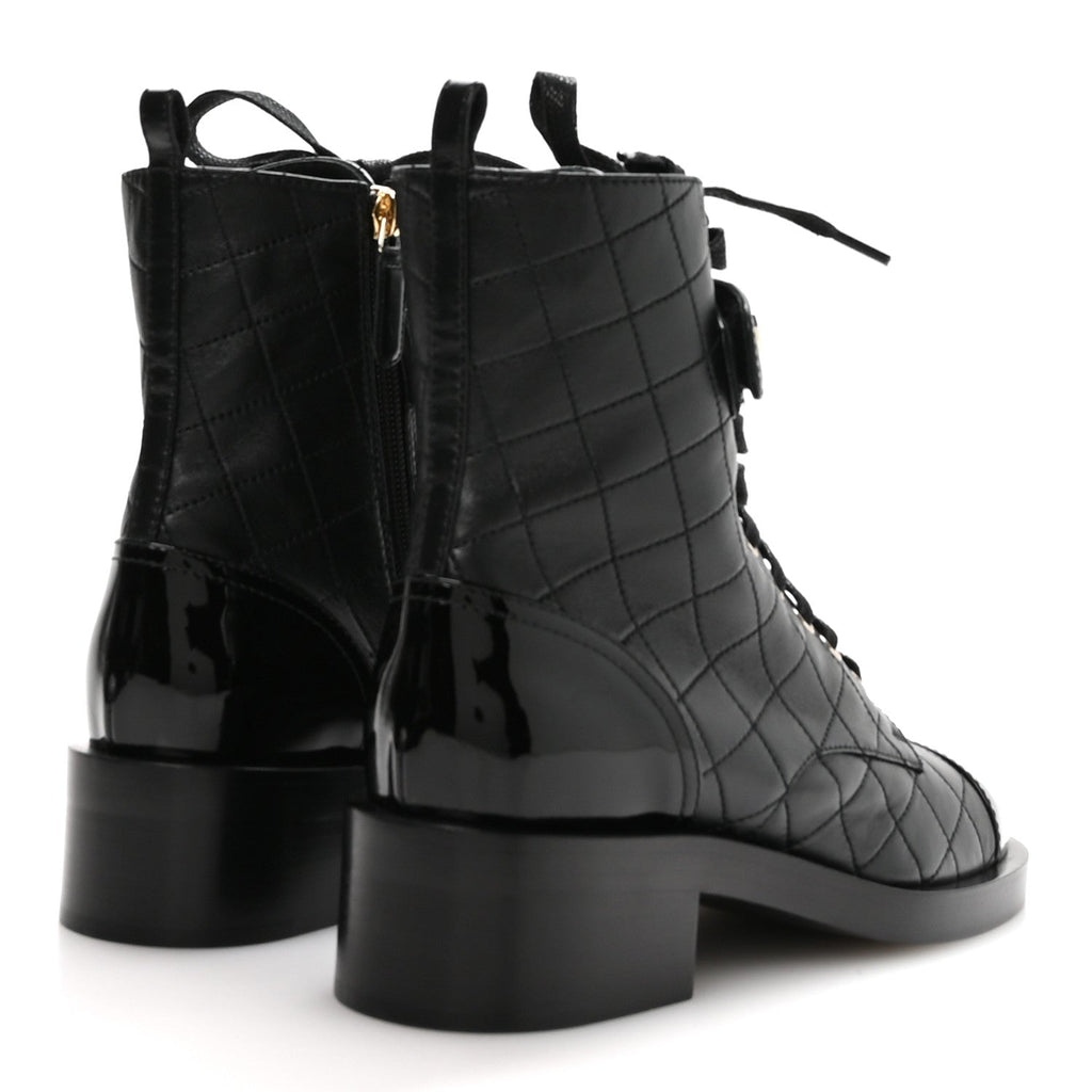 Lambskin Patent Calfskin Quilted Logo Lace Up Combat Boots 39.5 Black