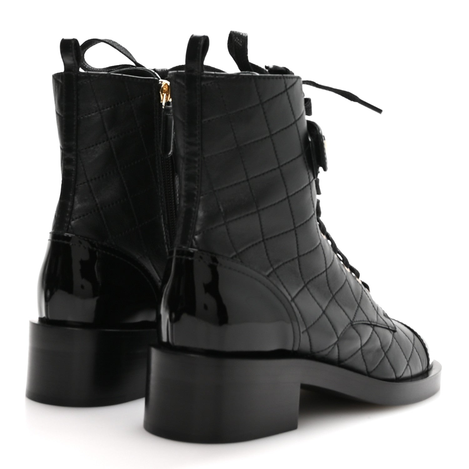 Lambskin Patent Calfskin Quilted Logo Lace Up Combat Boots 39.5 Black