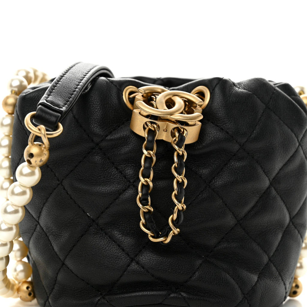 Chanel Calfskin Quilted Pearl Mini About Pearls Drawstring Bucket Bag Black