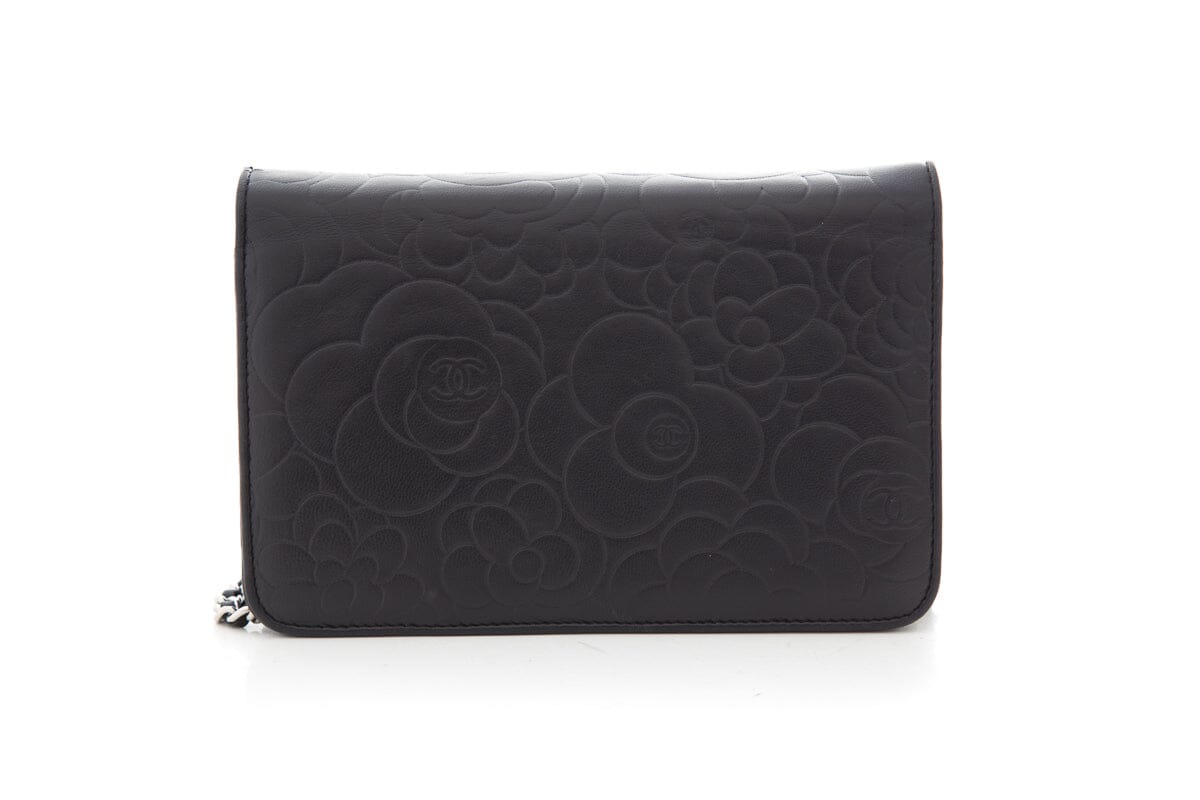 Chanel Black Calfskin Camellia Embossed Leather Cross-Body
