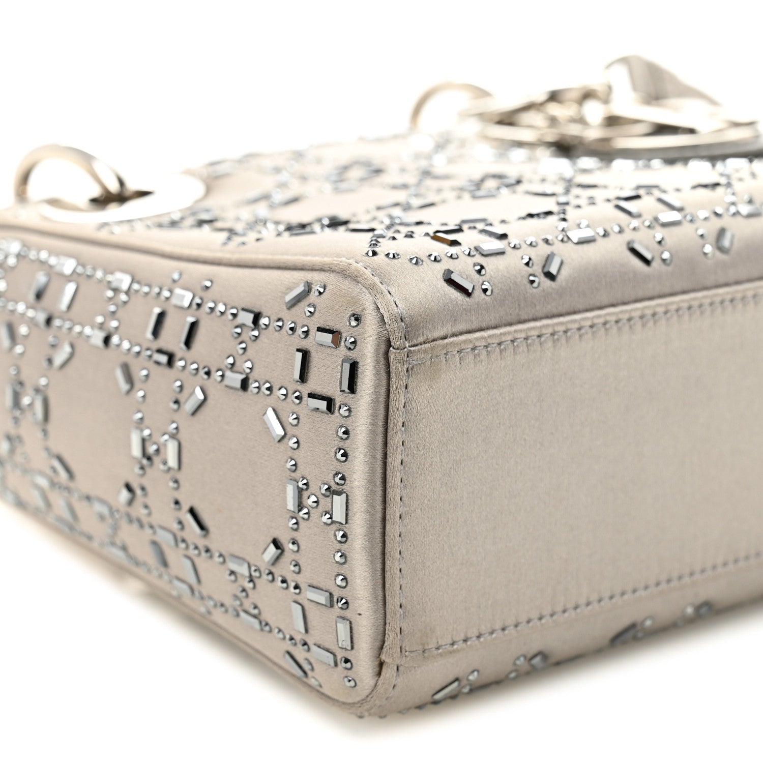Christian Dior Satin Crystal Cannage Mini Lady Dior Gray