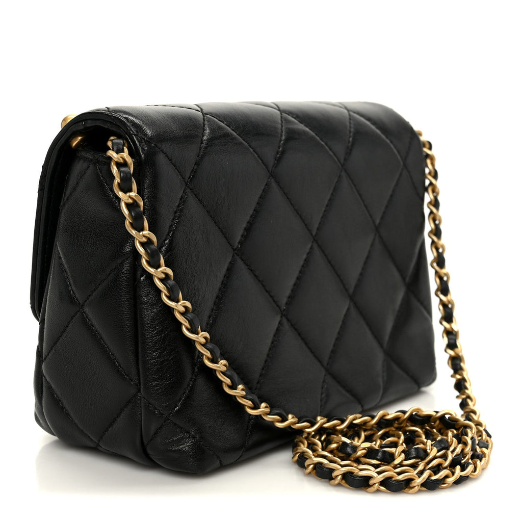 Chanel Shiny Lambskin Quilted Mini Pearl Logo Flap Black