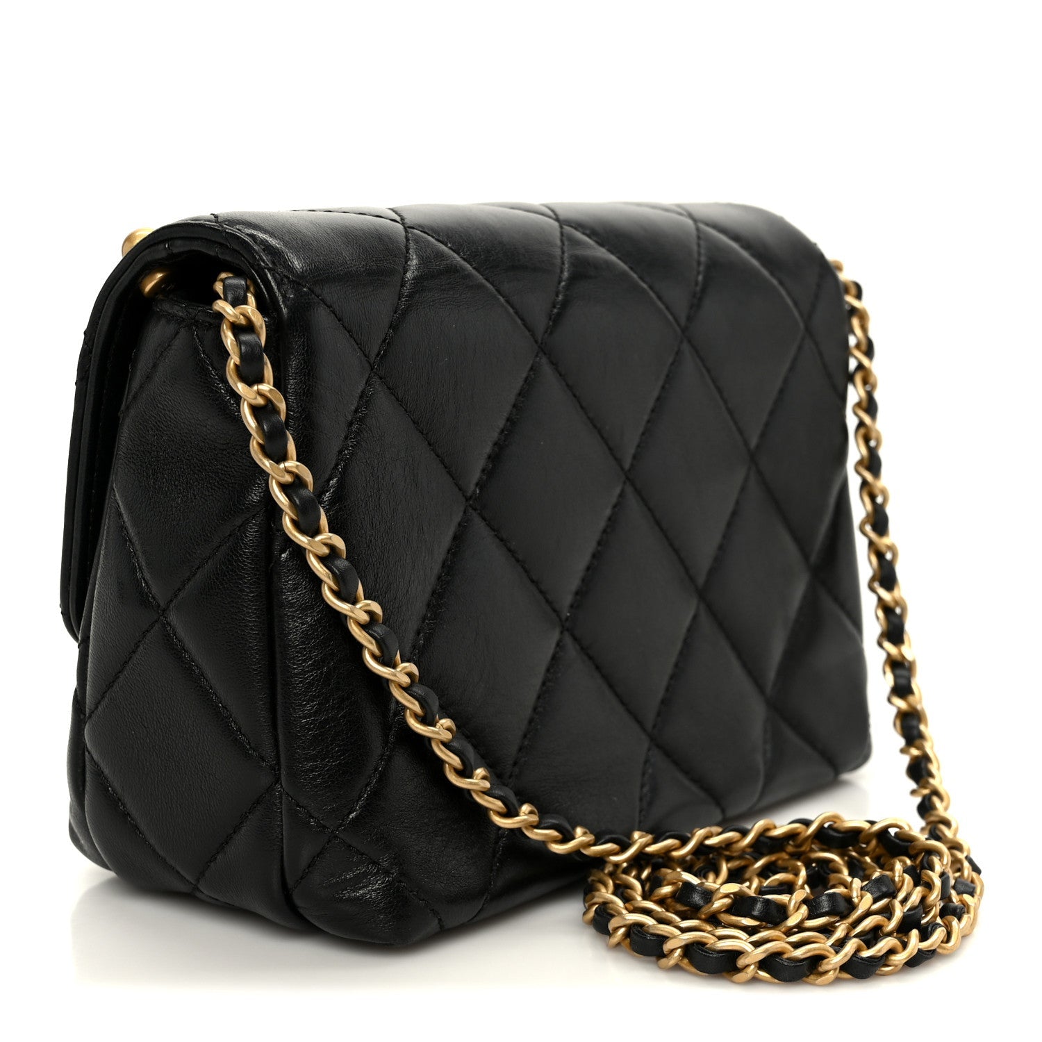 Chanel Shiny Lambskin Quilted Mini Pearl Logo Flap Black