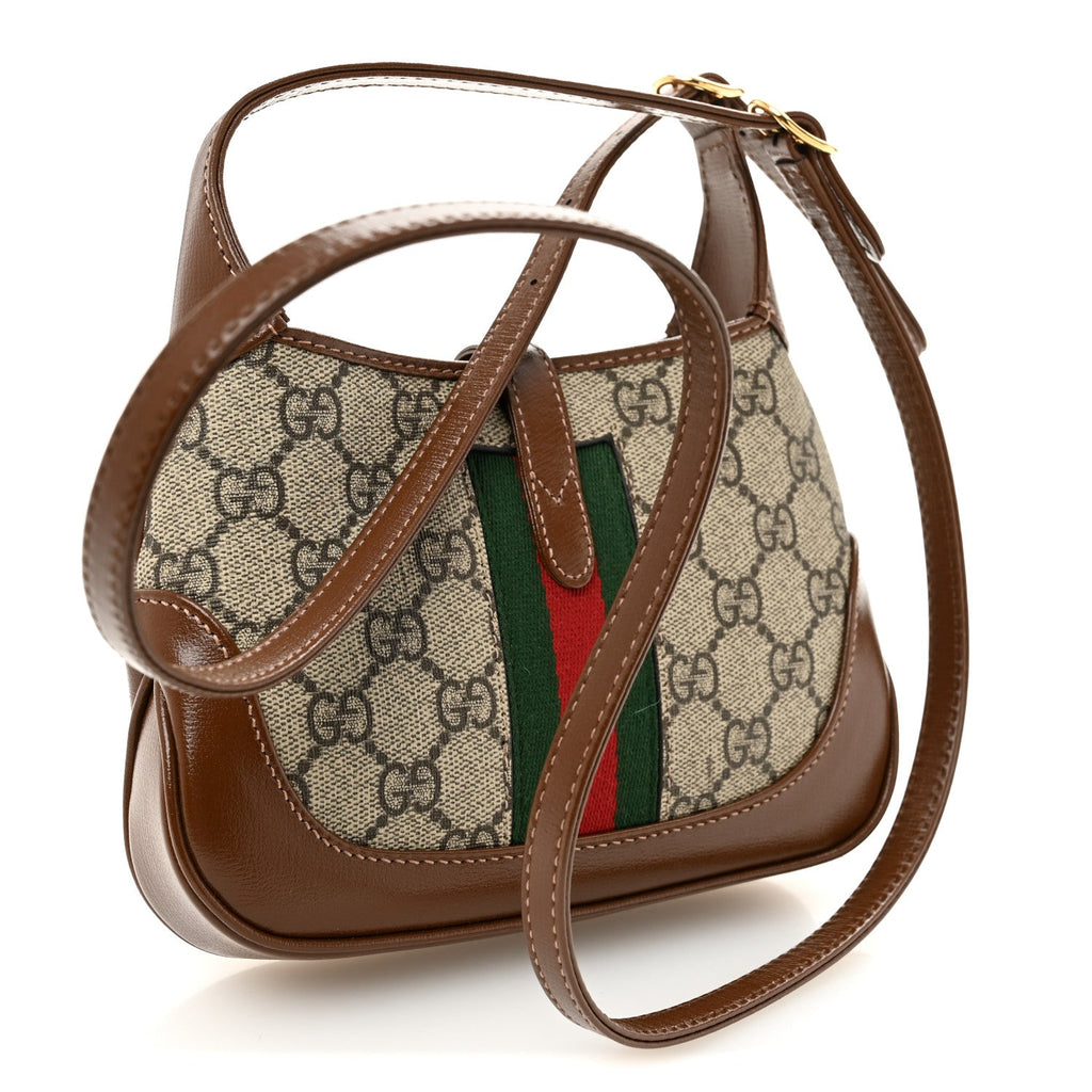 Gucci GG Supreme Monogram Azalea Calfskin Web Mini Jackie 1961 Hobo Beige Ebony Brown Sugar