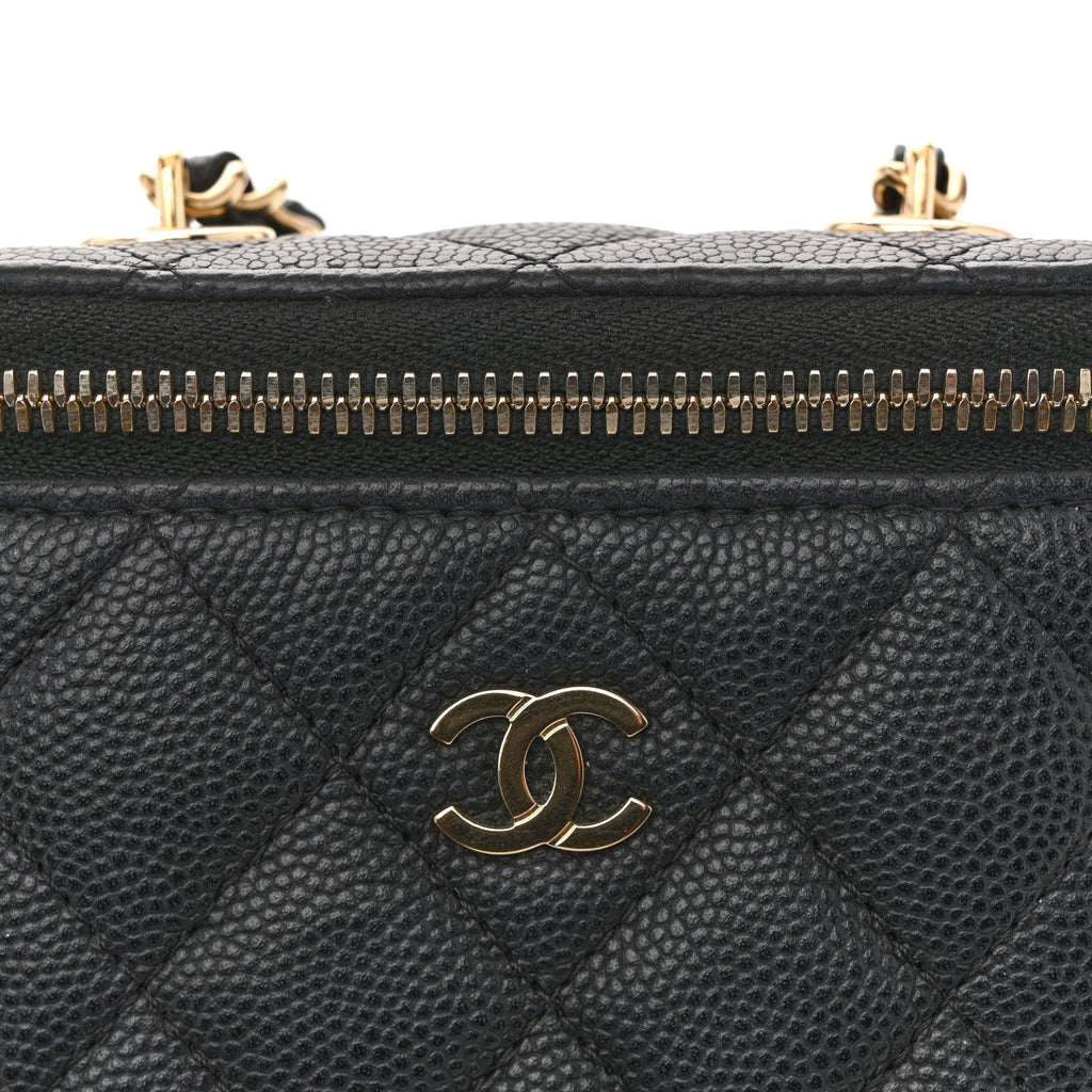 Chanel Caviar Quilted Small Vertical Coco Beauty Vanity Case With Chain Black