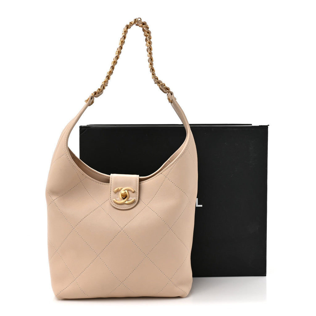 Chanel Shiny Lambskin Quilted Small Hobo Beige