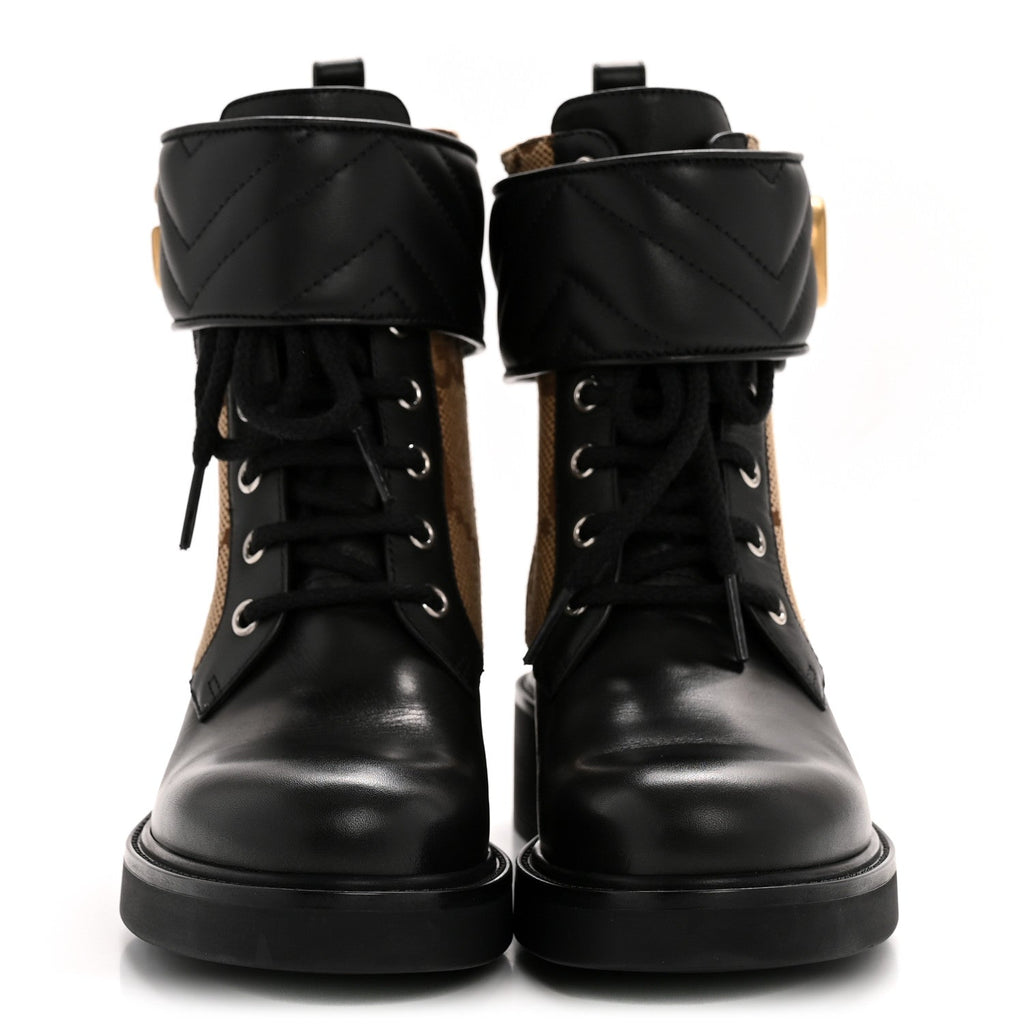 Gucci Flores Calfskin Monogram Maxi GG Nappa Matelasse Double G 40mm Ankle Boots 36.5 Black Camel Ebony