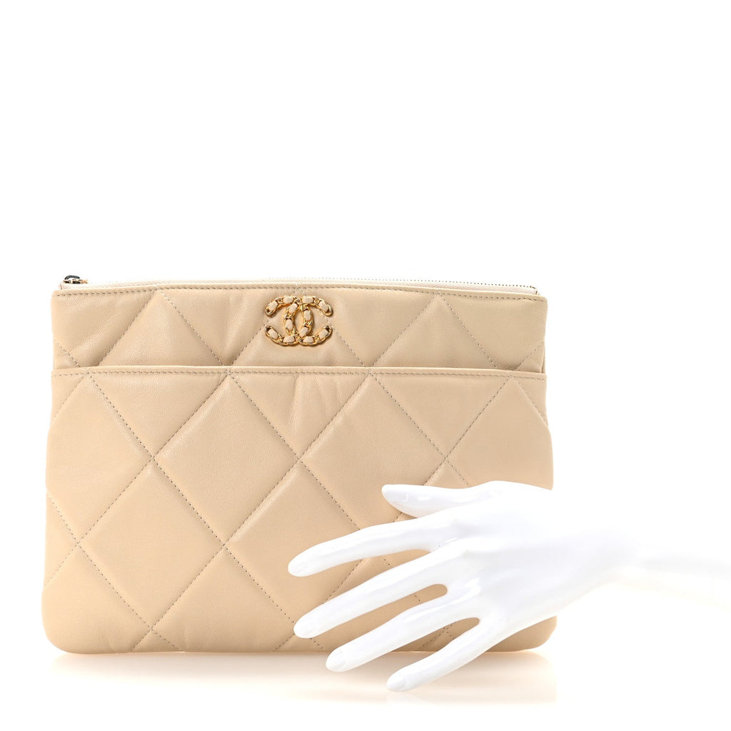Chanel Shiny Goatskin Quilted Chanel 19 Pouch Beige