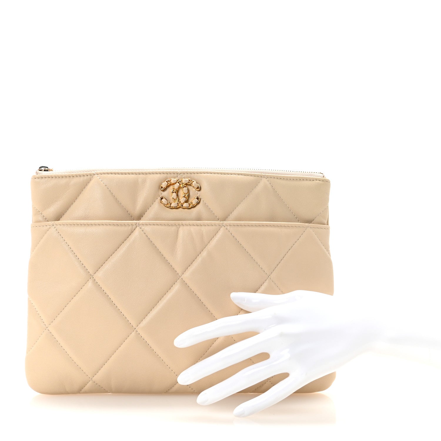 Chanel Shiny Goatskin Quilted Chanel 19 Pouch Beige