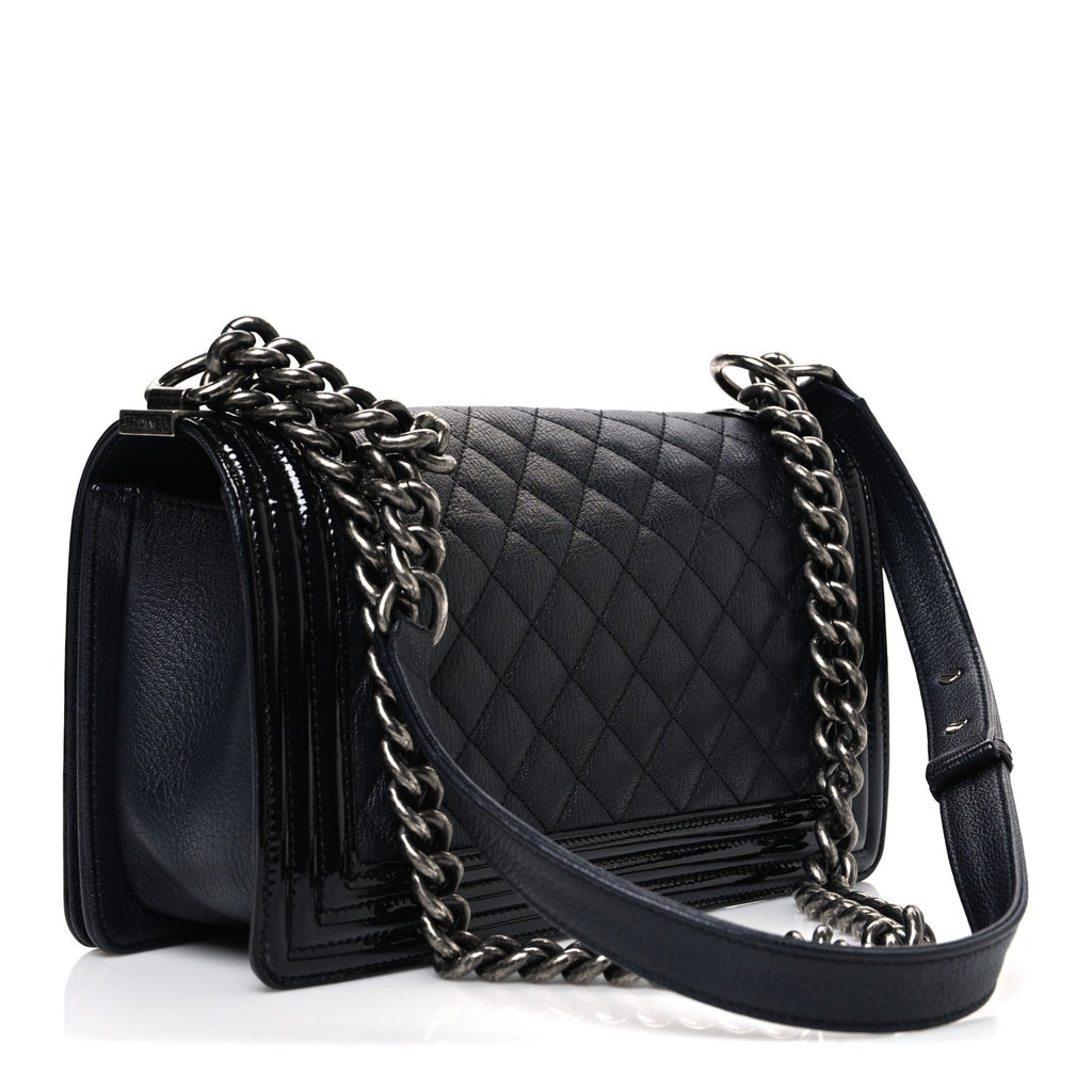 Chanel Goatskin Quilted Patent Medium Duo Boy Flap Black