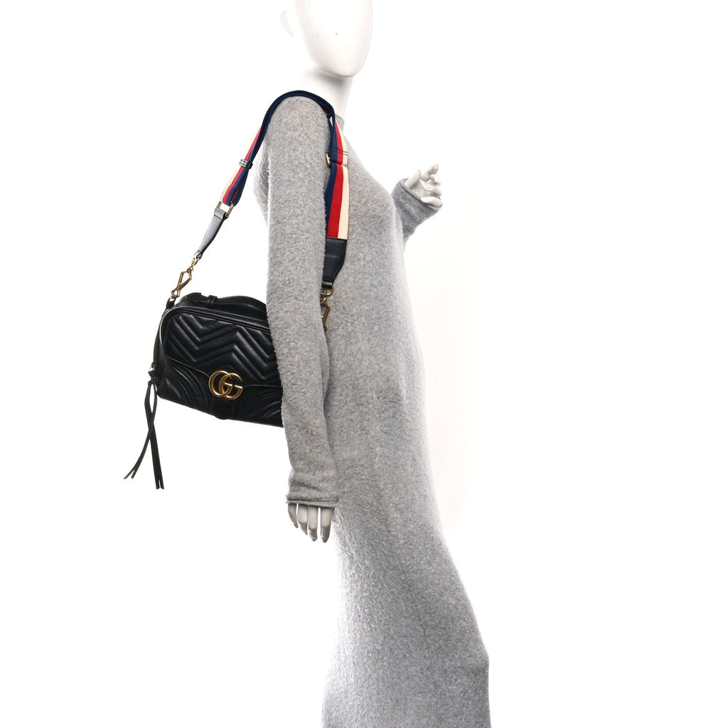 Gucci Calfskin Matelasse Sylvie Web Small GG Marmont Top Handle Shoulder Bag Black
