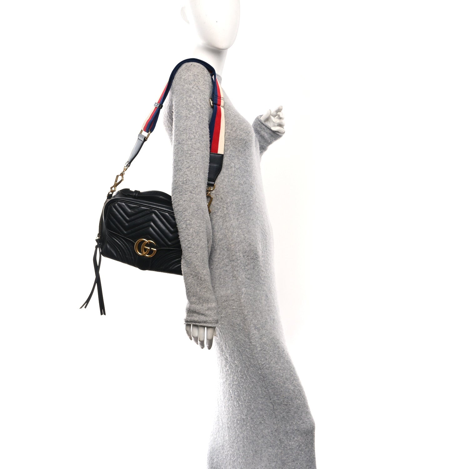 Gucci Calfskin Matelasse Sylvie Web Small GG Marmont Top Handle Shoulder Bag Black