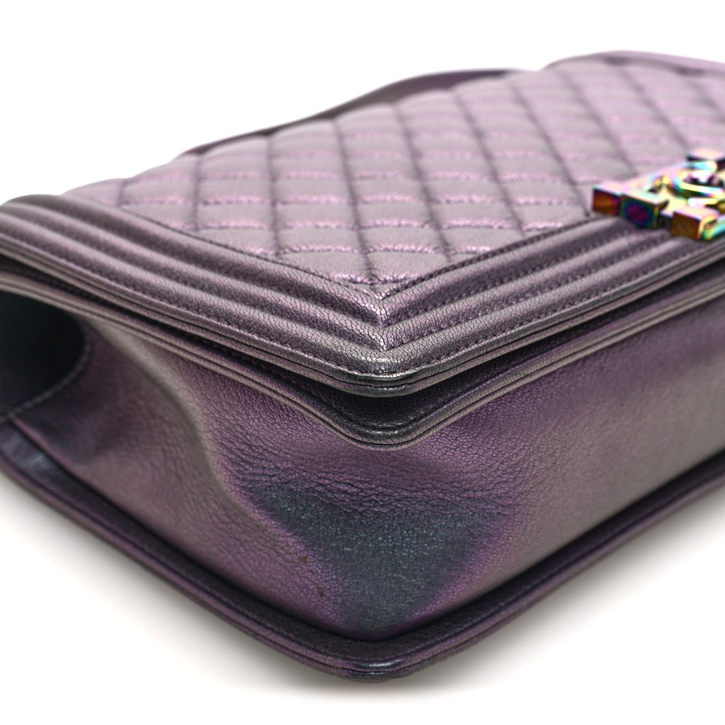 Chanel Iridescent Goatskin Quilted New Medium Boy Flap Purple
