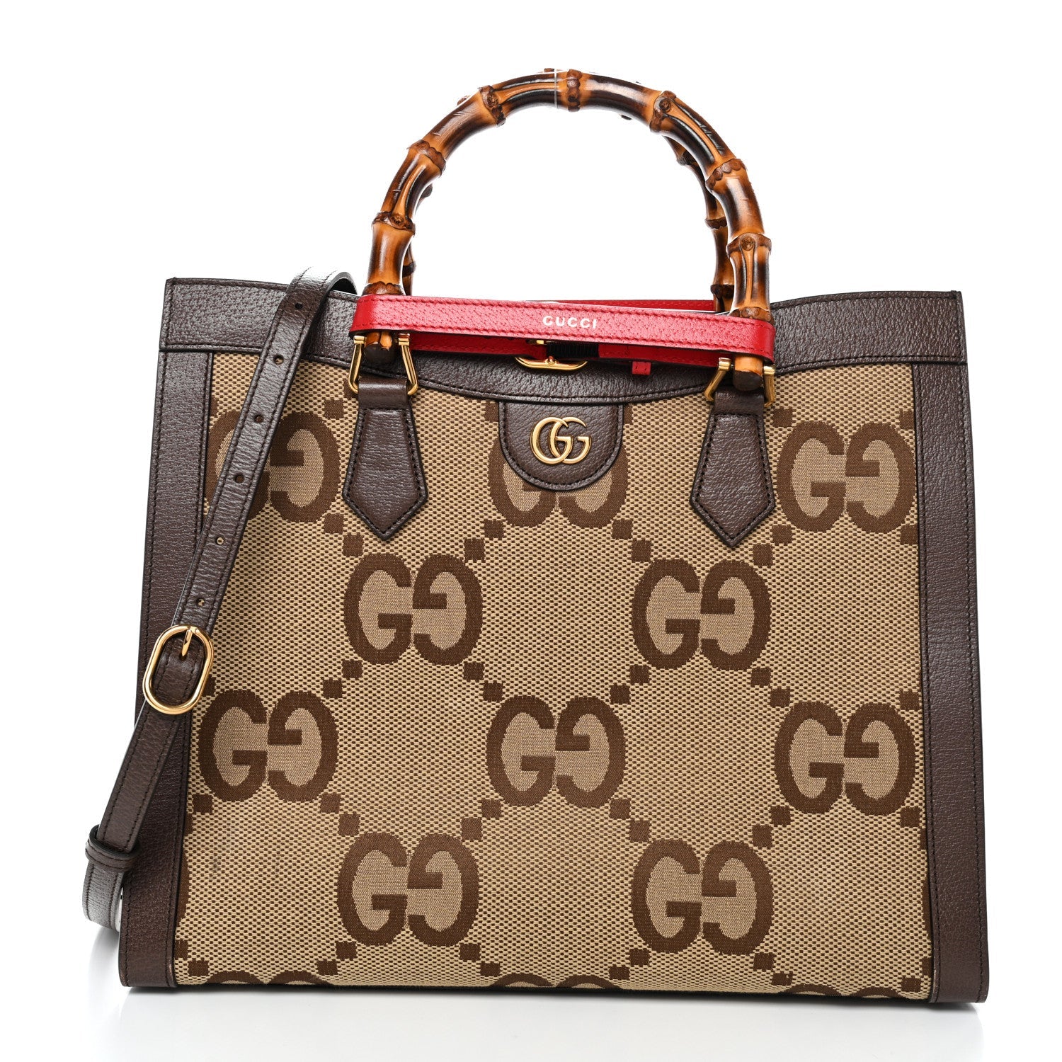 Gucci Monogram Jumbo GG Textured Dollar Calfskin Medium Diana Tote Bag Camel Ebony New Acero Pomegranate Red