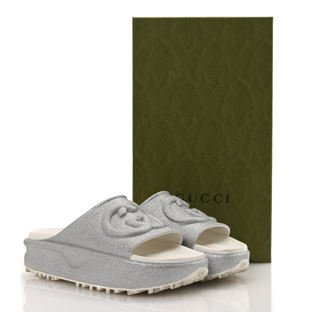 Gucci Glitter Rubber Womens Interlocking G Platform 42mm Slide Sandals 40 Silver