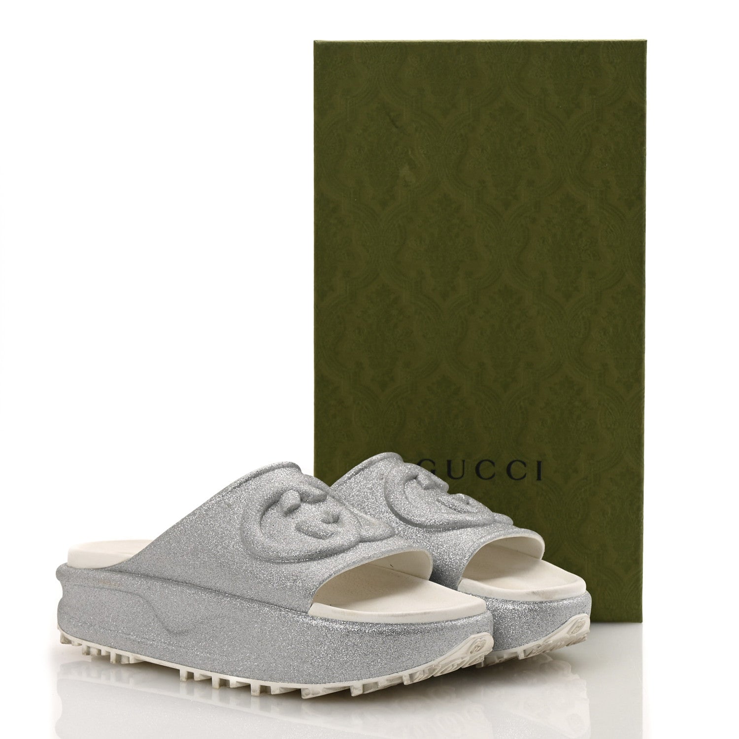 Gucci Glitter Rubber Womens Interlocking G Platform 42mm Slide Sandals 40 Silver