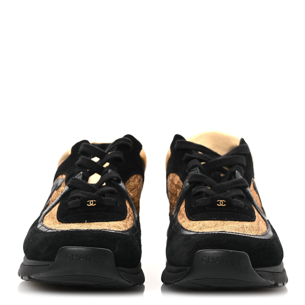 Metallic Fabric Suede Calfskin Crocodile Embossed Mens CC Sneakers 45 Black Gold