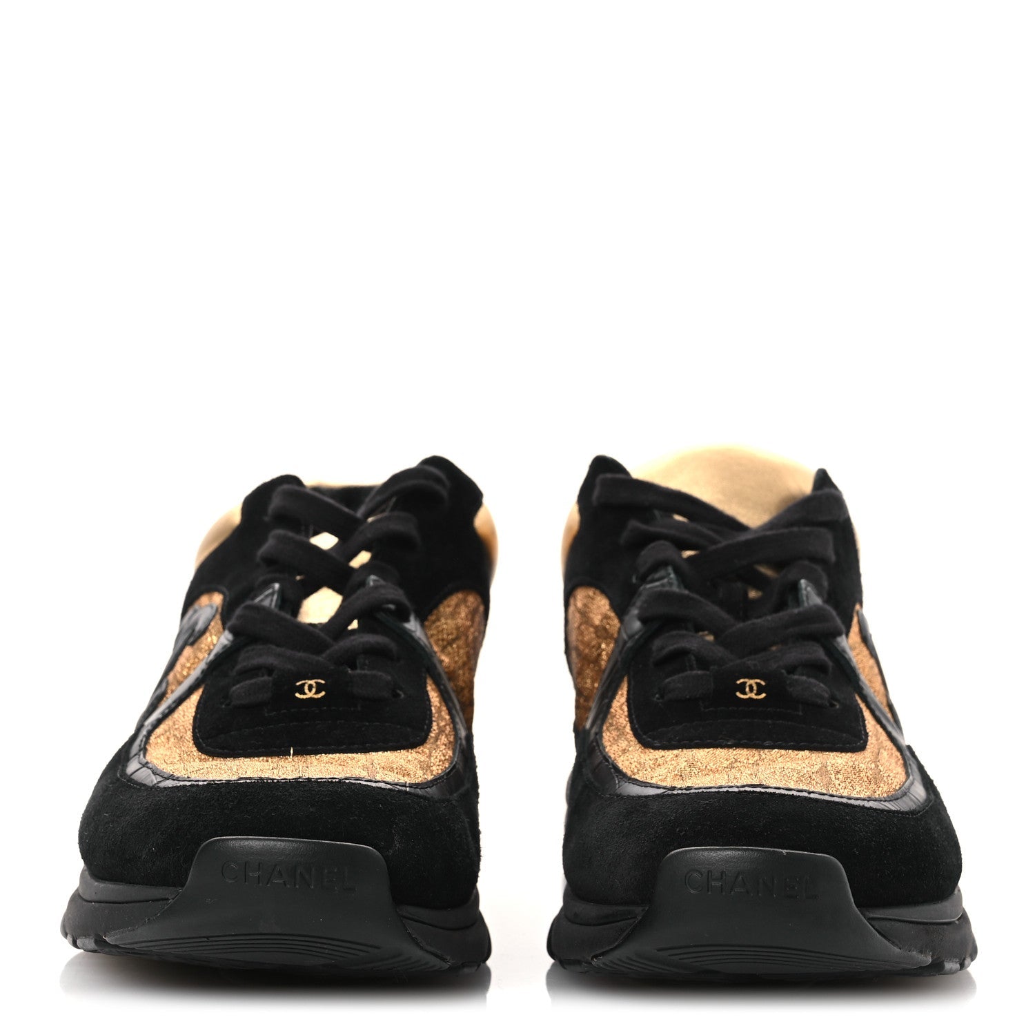 Metallic Fabric Suede Calfskin Crocodile Embossed Mens CC Sneakers 45 Black Gold