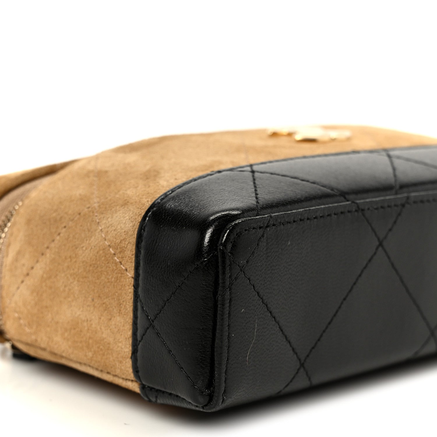 Chanel Suede Calfskin Shiny Lambskin Stitched Top Handle Slim Vanity Case With Chain Beige Black