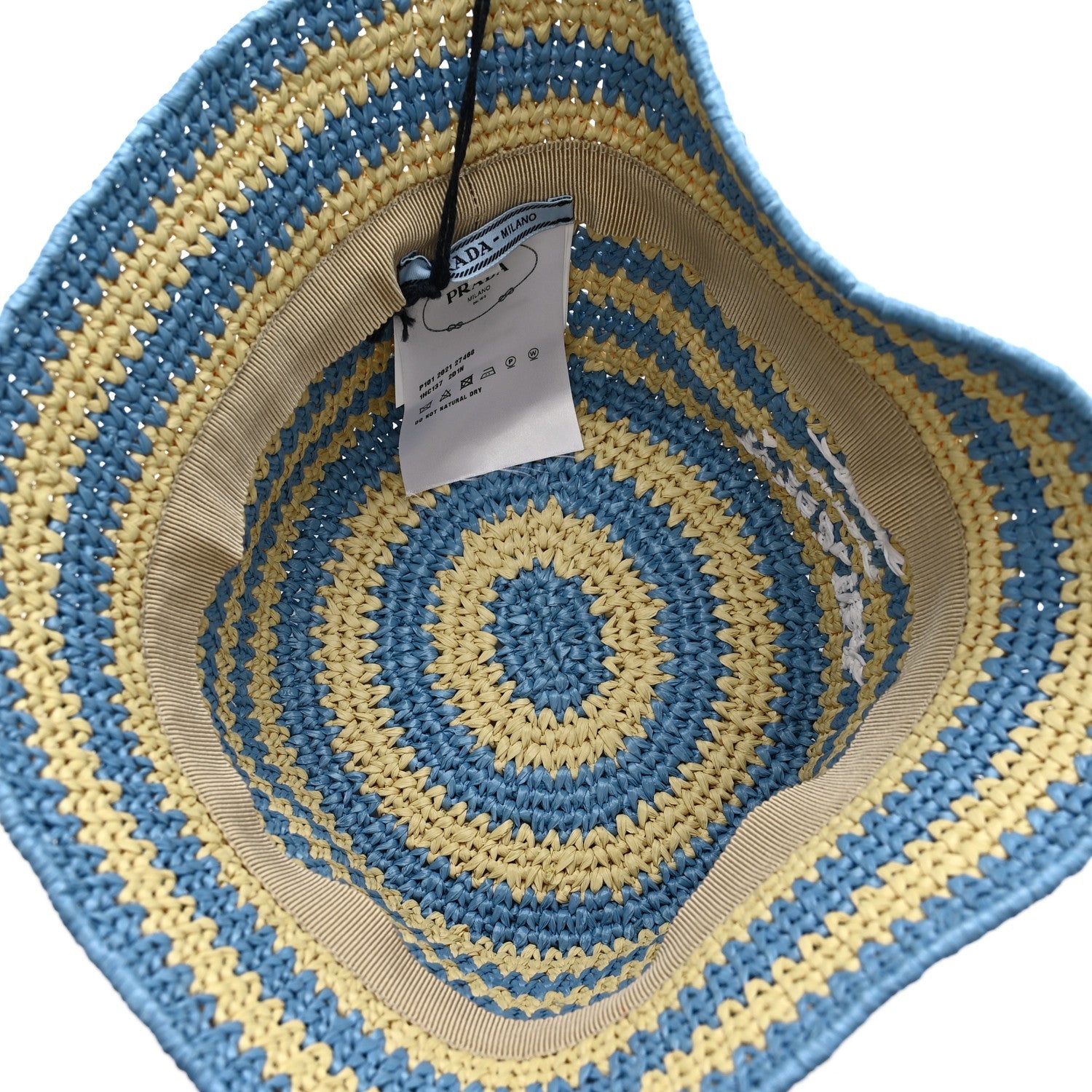 Prada Raffia Striped Logo Embroidered Womens Bucket Hat M Naturale Cielo