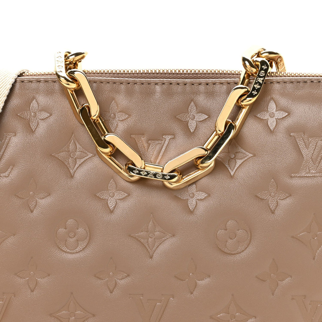Louis Vuitton Lambskin Embossed Monogram Coussin PM Taupe