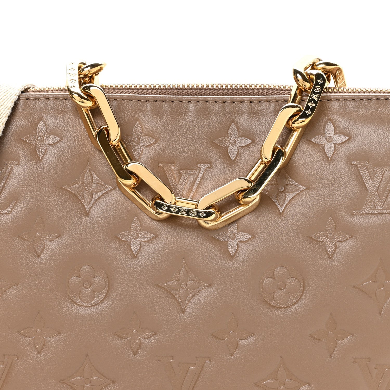 Louis Vuitton Lambskin Embossed Monogram Coussin PM Taupe