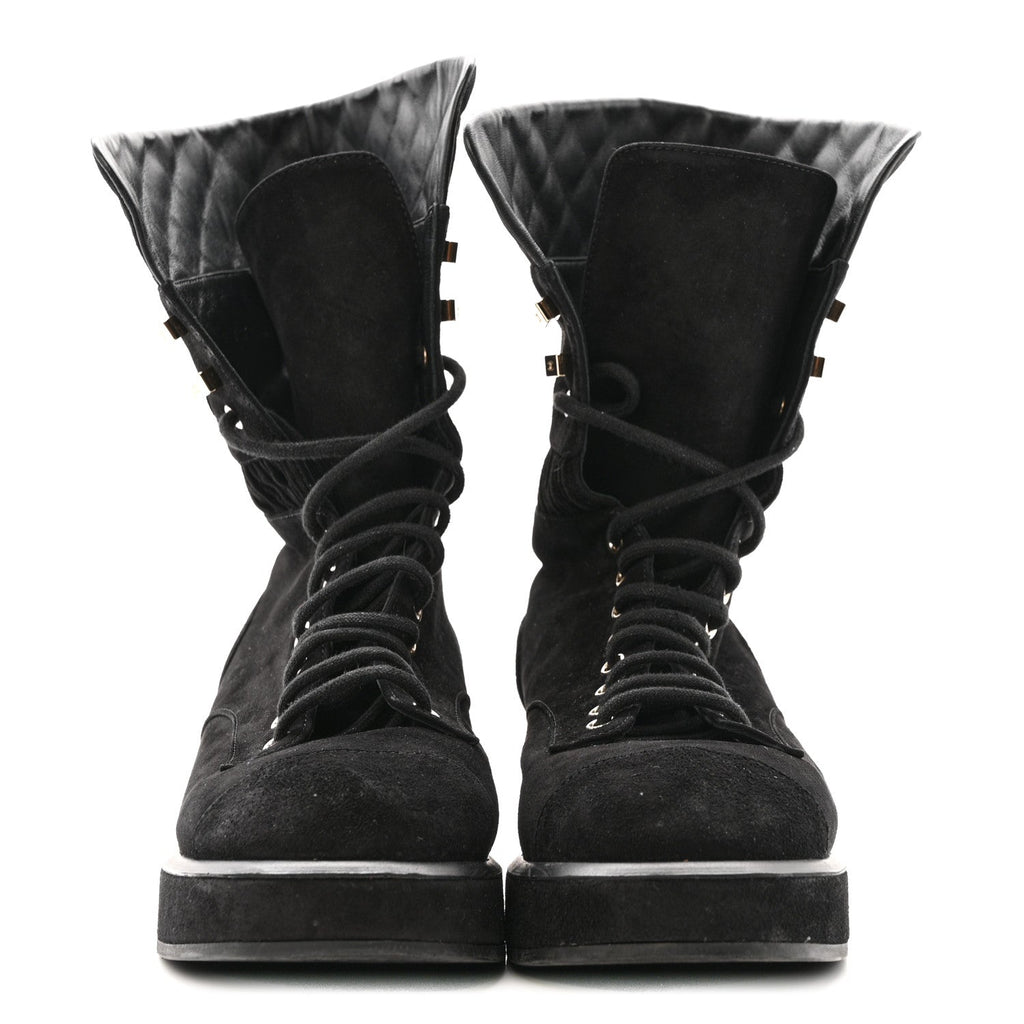 Chanel Suede Quilted Lace Up Combat Boots 38.5 Black