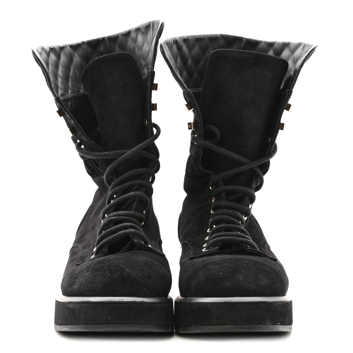 Chanel Suede Quilted Lace Up Combat Boots 38.5 Black