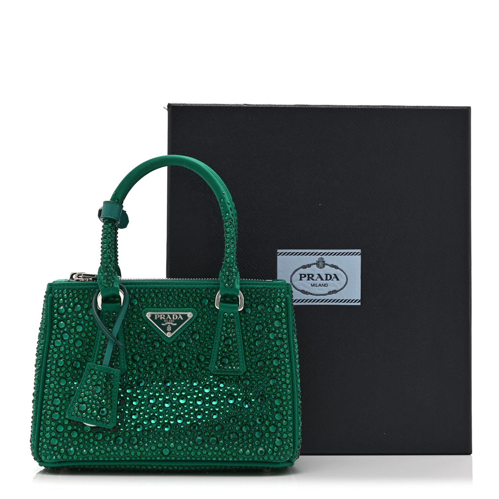 Prada Satin Crystal Mini Galleria Double Zip Tote Mango