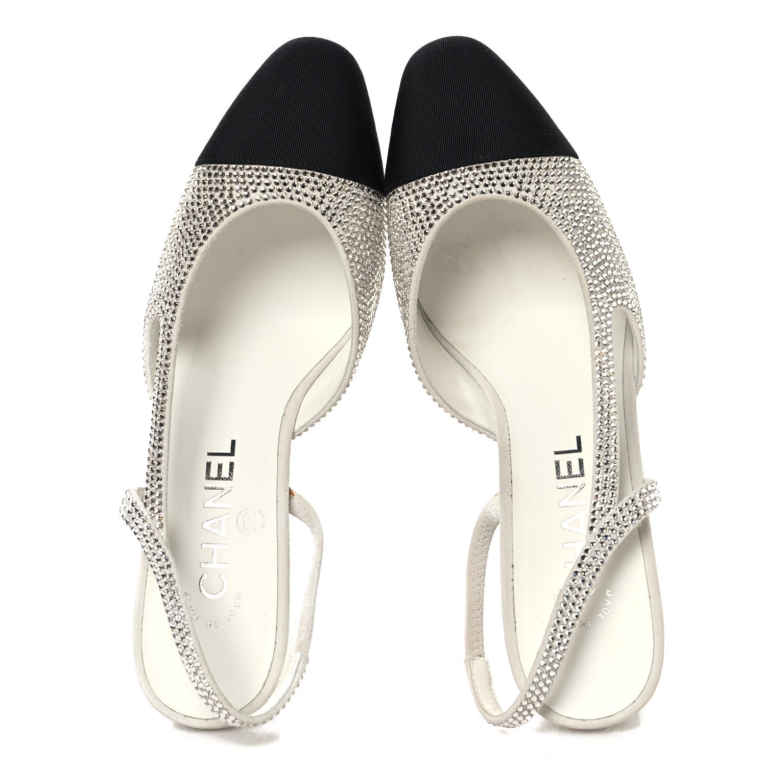 Chanel Strass Grosgrain Cap Toe CC Slingback Pumps 36 Silver Black