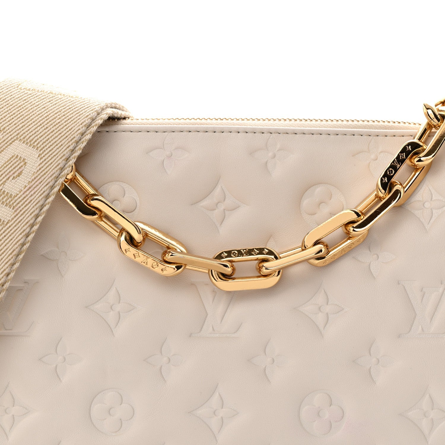 Louis Vuitton Lambskin Embossed Monogram Coussin PM Beige Cream
