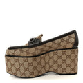 Gucci Canvas GG Monogram Horsebit Calfskin Womens Horsebit Platform Loafers 39.5 Beige Ebony Cocoa